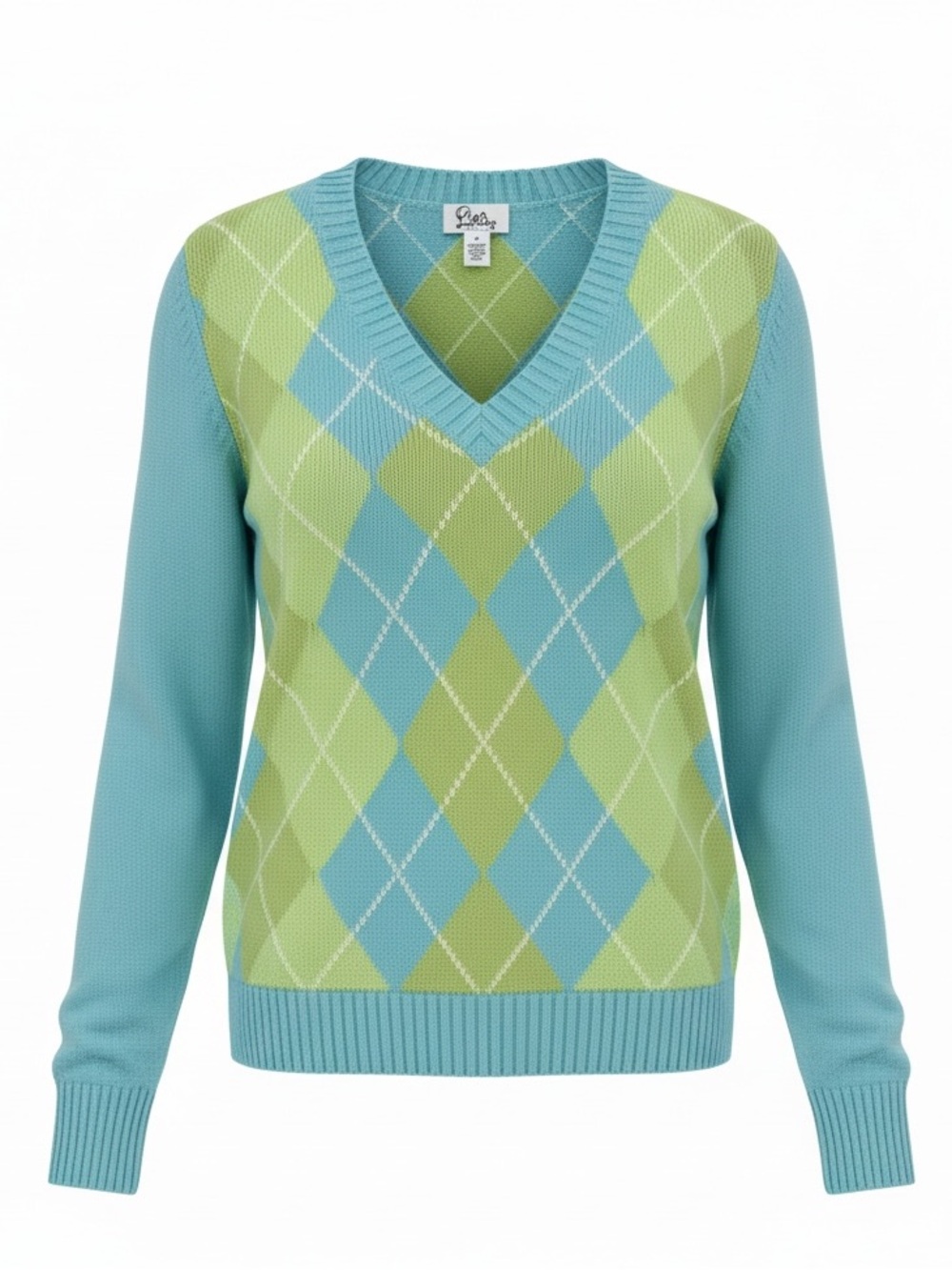 Lilly Pulitzer Blue and Green Argyle V-Neck Long Sleeve Wool & Cashmere Sweater